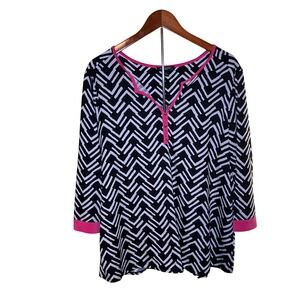 Notations Woman Henley Top Womens 2X Black White Pink Chevron 3/4 Sleeve